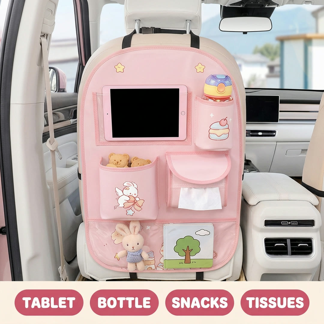 Pockets for tablet, bottle, snacks and tissues